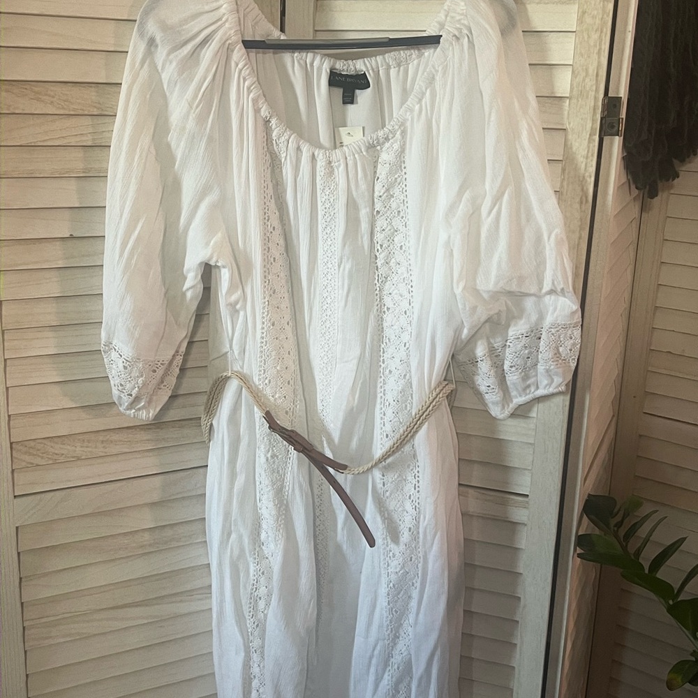Lane Bryant White Eyelet Peasant Midi Dress with Braided Belt